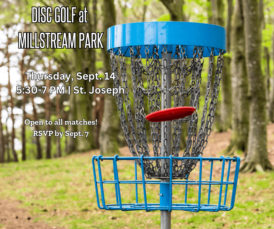 Graphic showing a disc golf cage and details for the September match activity