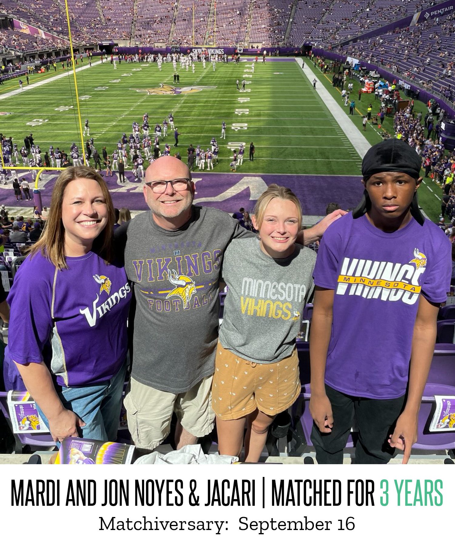 Mardi and Jon Noyes pose with their Little, Jacari, at a Vikings game