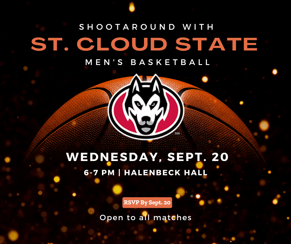 Graphic with a basketball and text with information regarding the Fall 2023 shootaround with SCSU men's basketball