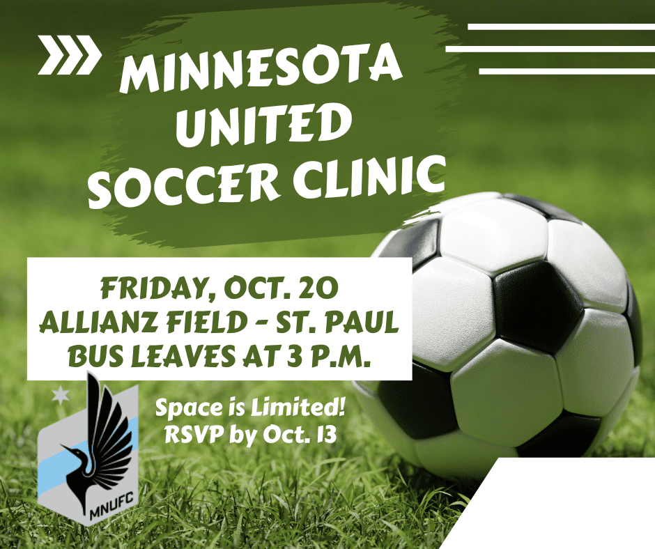 Graphic with info for 2023 MN United soccer clinic match activity