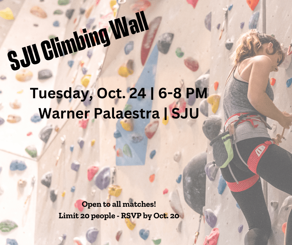 Graphic with details for 2023 SJU Climbing Wall Activity 