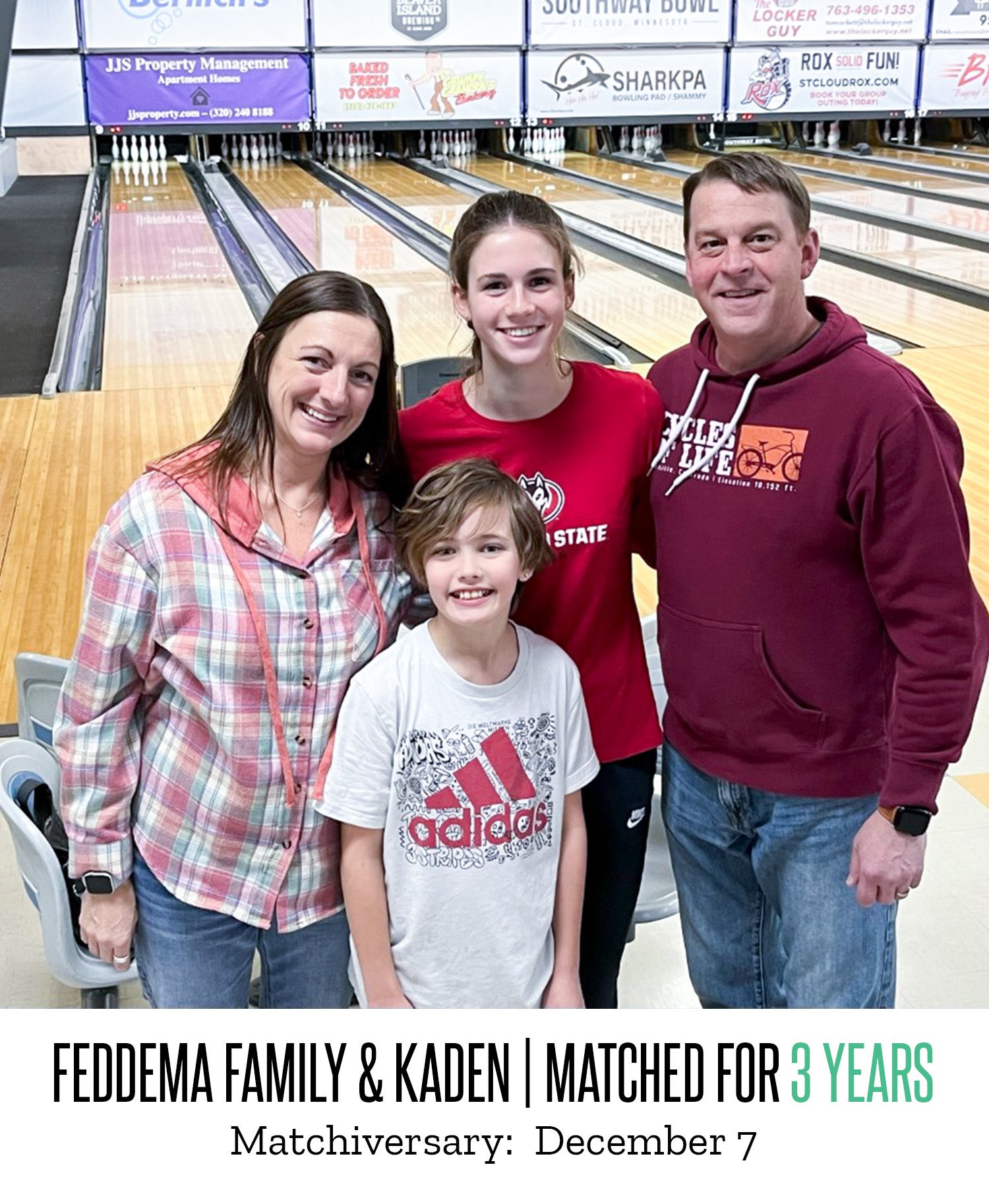 The Feddema Family and Kaden pose for a picture after being matched for three years