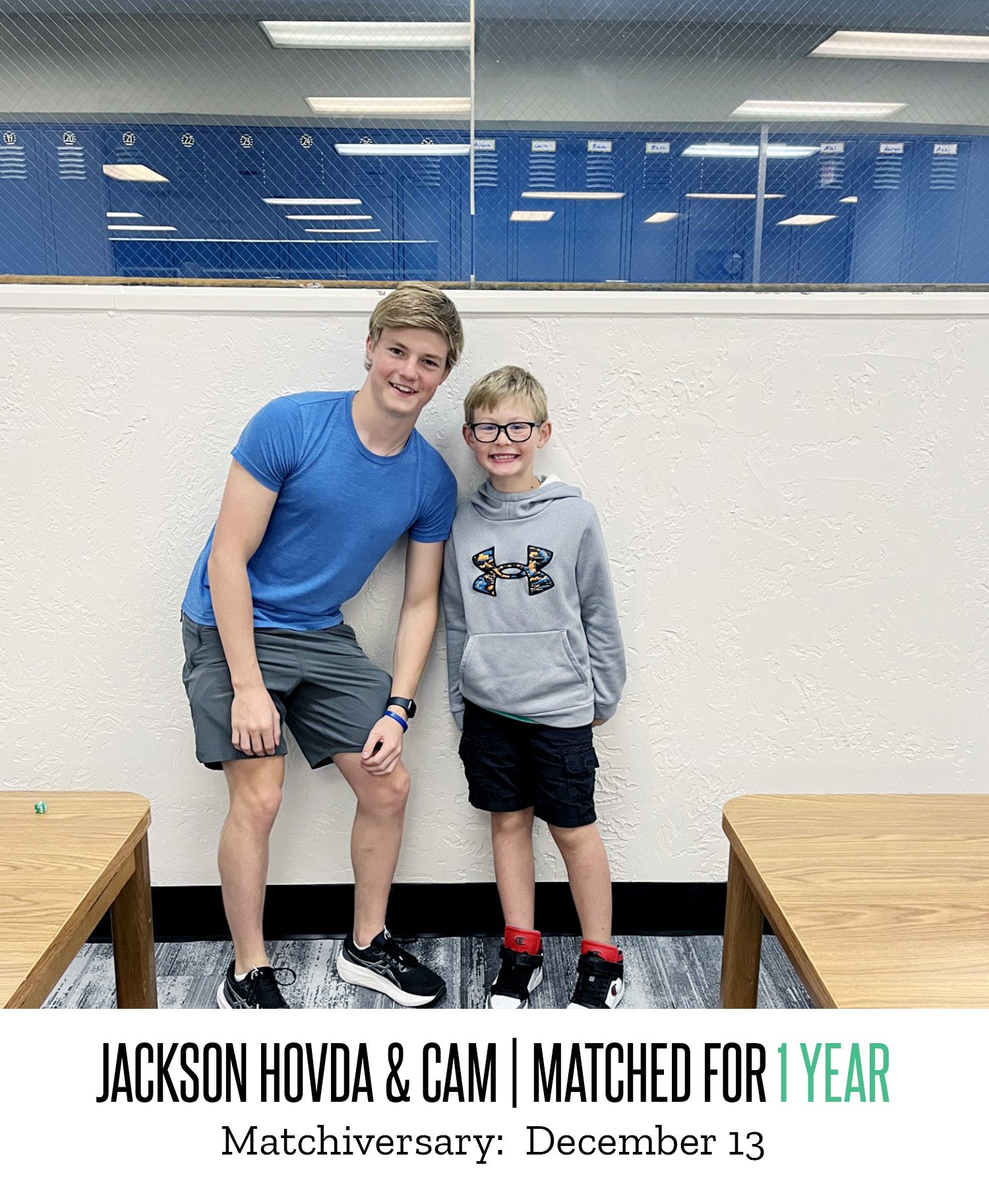 Jackson Hovda and Cam pose for a picture after being matched for one year