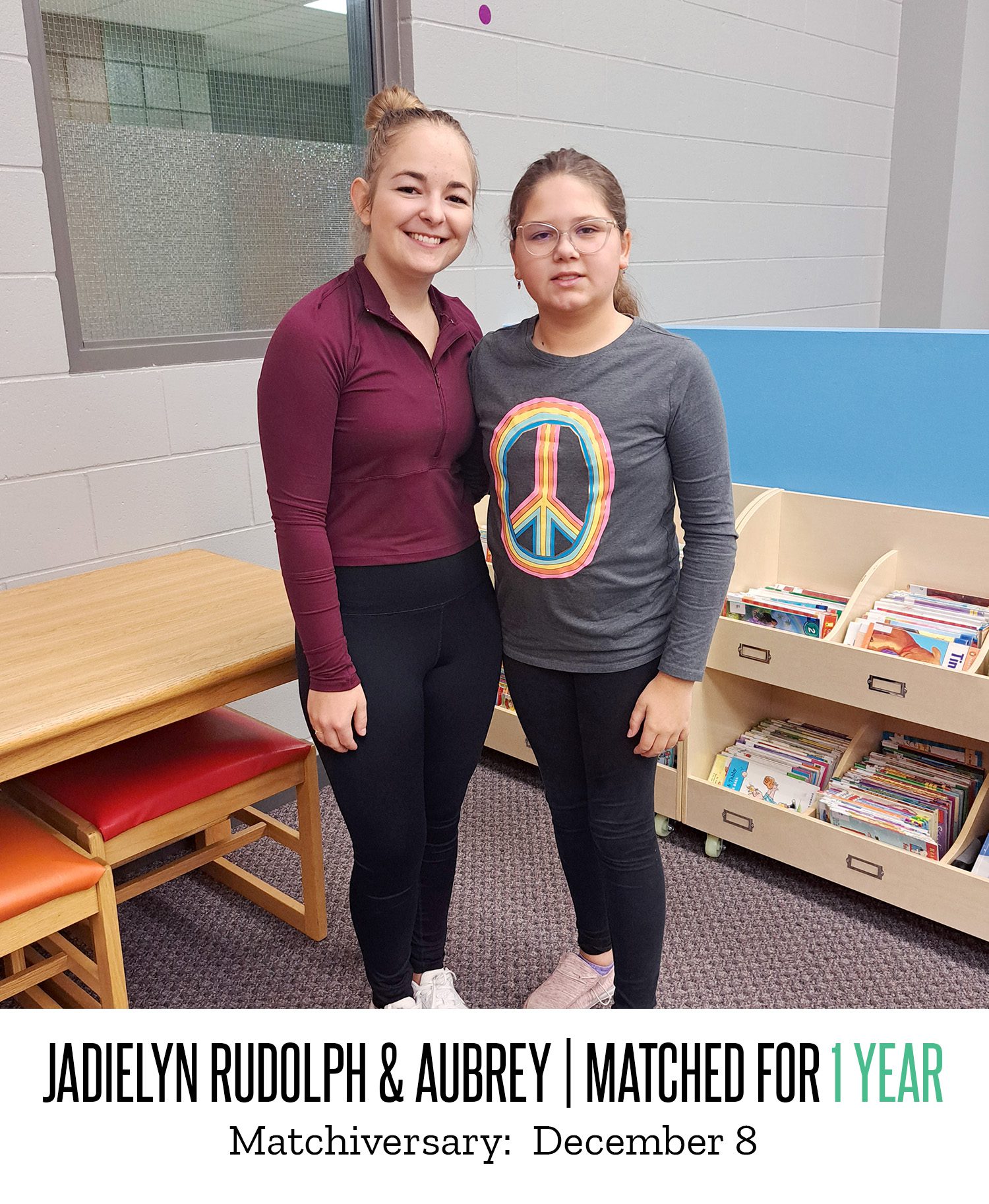 Jadielyn Rudolph and Aubrey pose for a picture after being matched for one year